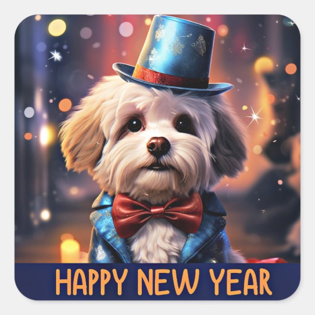 Happy New Year, Maltese Toy Poodle, Square Sticker (Front)