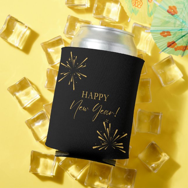 Happy New Year minimalist fireworks black Can Cooler (In Situ Summer)