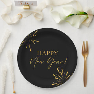 Happy New Year minimalist fireworks black Paper Plate