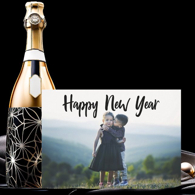 Happy New Year Modern Black Typography Chic Photo Holiday Card (Creator Uploaded)
