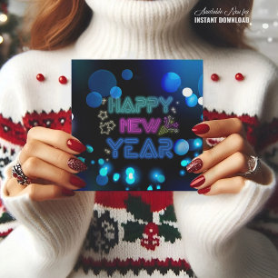 Happy new year modern blue neon CARD