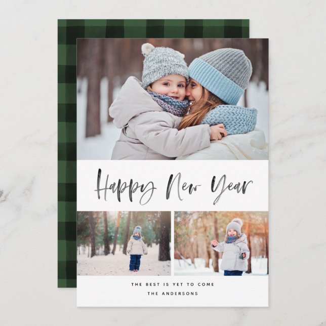 Happy New Year Modern Brush Script Photo Holiday Card (Front/Back)