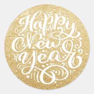 Happy New Year Modern Calligraphy Gold Glitter Classic Round Sticker