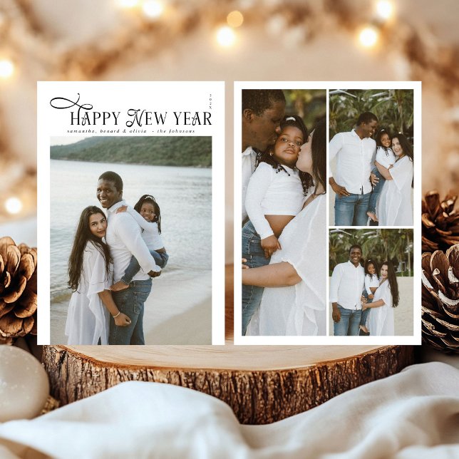 Happy New Year Modern Chic Family 4 Photos Collage Holiday Card (Creator Uploaded)