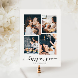 Happy New Year Modern Four Photo Collage Holiday Card