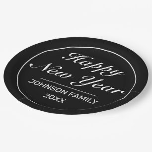 Happy New Year Modern Minimalist Black White Paper Plate