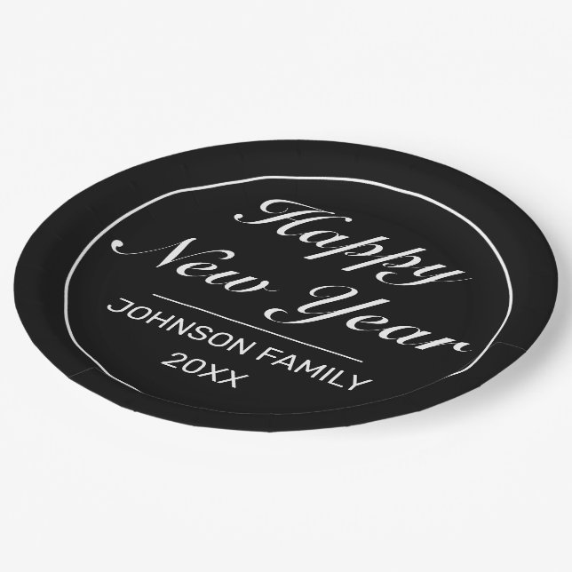 Happy New Year Modern Minimalist Black White Paper Plate (Angled)