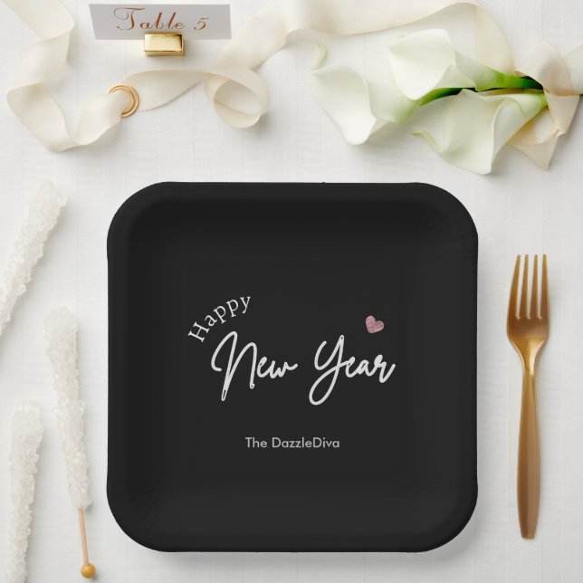 Happy New Year Modern Minimalist Typography Black Paper Plate (Wedding)