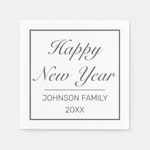 Happy New Year Modern Minimalist White Black Napkin