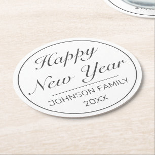 Happy New Year Modern Minimalist White Black Round Paper Coaster