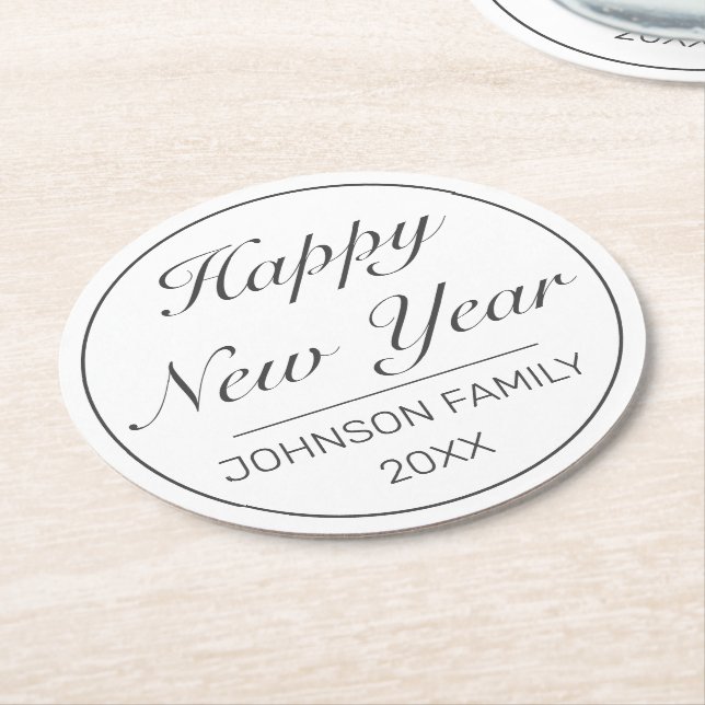 Happy New Year Modern Minimalist White Black Round Paper Coaster (Angled)