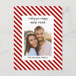 happy new year, modern red white stripe photo postcard
