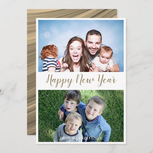 Happy New Year Modern Script 2 Photo Holiday Card (Front/Back)