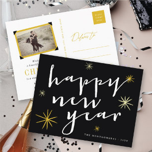 Happy New Year Modern Script Chic Gold Starburst Holiday Postcard