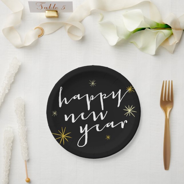 Happy New Year Modern Script Chic Gold Starburst Paper Plate (Wedding)