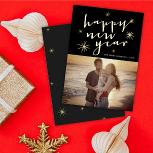 Happy New Year Modern Script Gold Starburst Photo