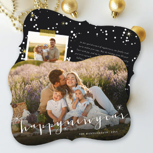 Happy New Year Modern Script Gold Starburst Photo Holiday Card