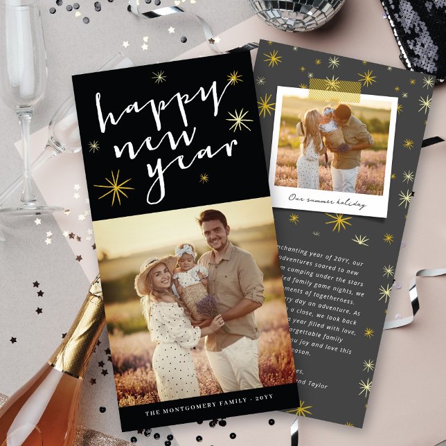Happy New Year Modern Script Gold Starburst Photo Holiday Card (Creator Uploaded)