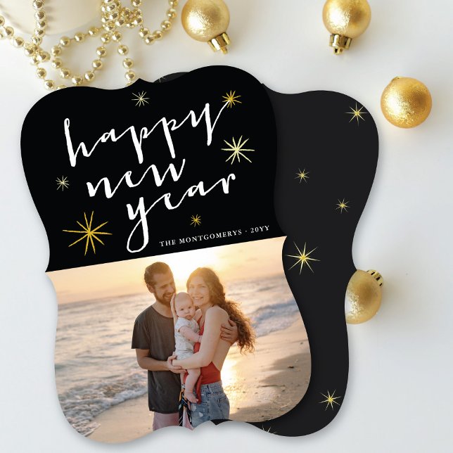 Happy New Year Modern Script Gold Starburst Photo Holiday Card (Creator Uploaded)