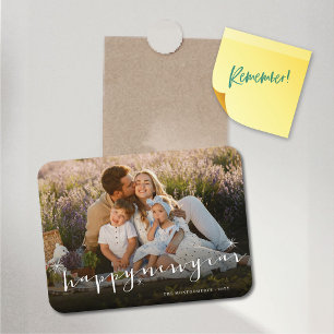 Happy New Year Modern Script Gold Starburst Photo Magnet