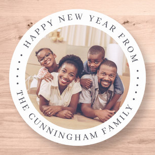 Happy New Year Modern Simple Chic Family Photo Classic Round Sticker