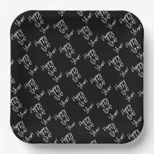 Happy New Year! Modern Text Pattern Black White Paper Plate