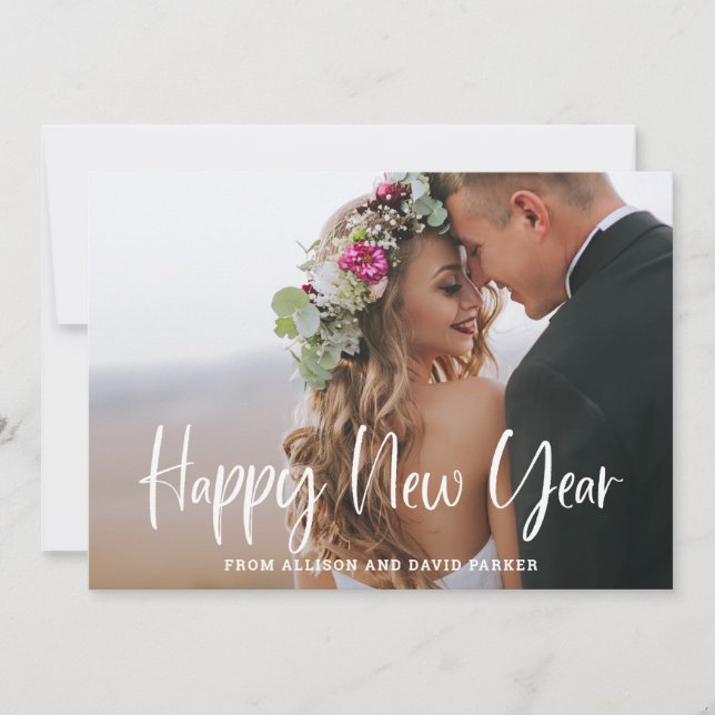Happy New Year | Modern Typography and Two Photo Holiday Card (Front)