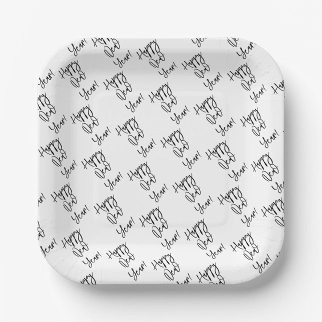 Happy New Year! Modern Typography Black White Paper Plate (Front)