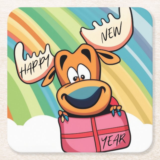 Happy New Year Moose - Festive Celebration Design Square Paper Coaster (Front)