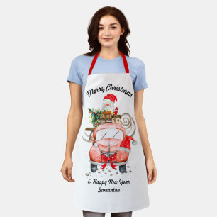 Happy New Year Name Santa truck Christmas Apron