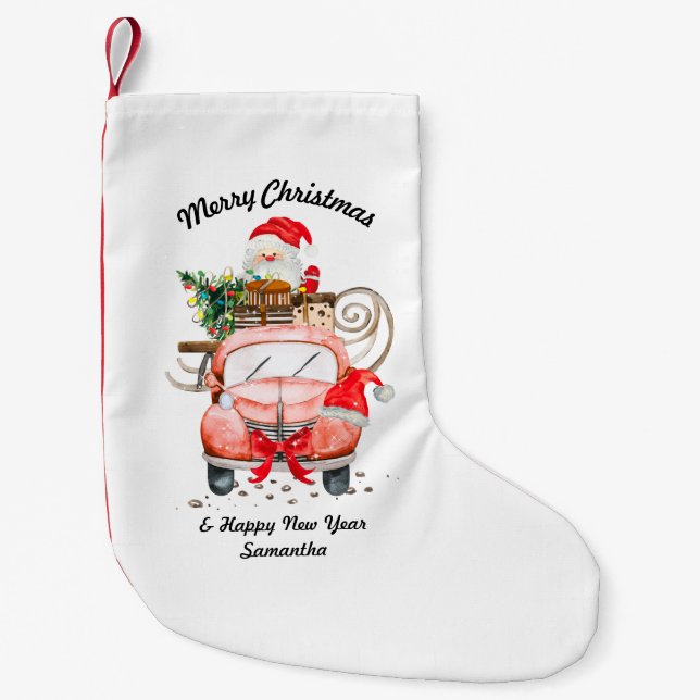 Happy New Year Name Santa truck merry Christmas Small Christmas Stocking (Front)
