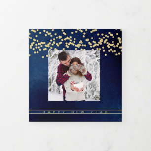 Happy New Year Navy and Gold Family Photo Collage Tri-Fold Holiday Card