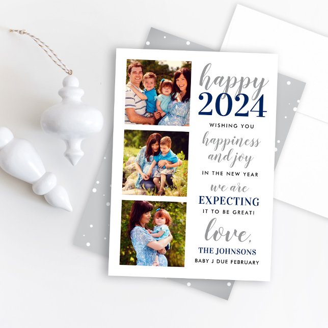 Happy New Year Navy and Silver Expecting in 2024 Holiday Card (Creator Uploaded)