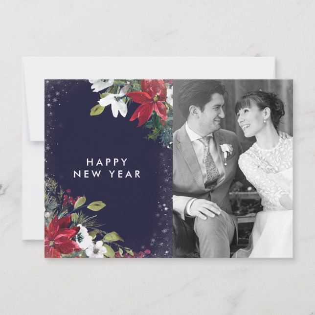 happy new year navy red white floral photo card (Front)
