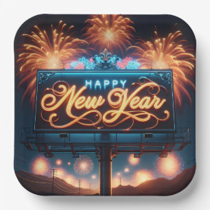 Happy New Year Neon Billboard Paper Plate