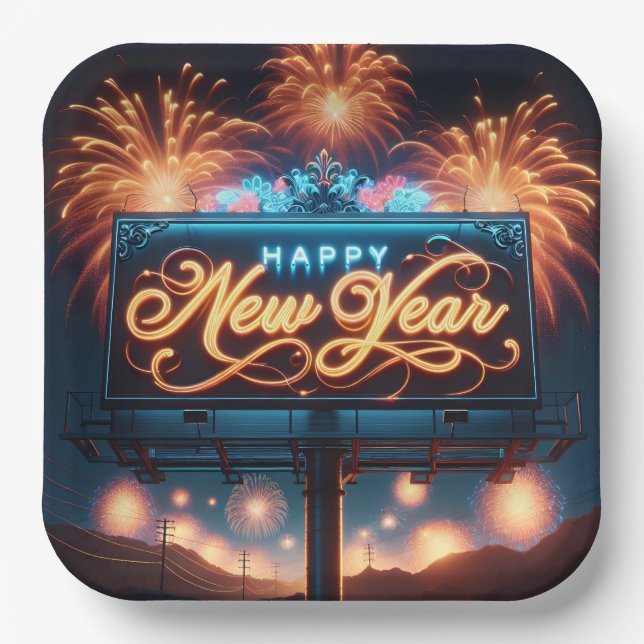 Happy New Year Neon Billboard Paper Plate (Front)