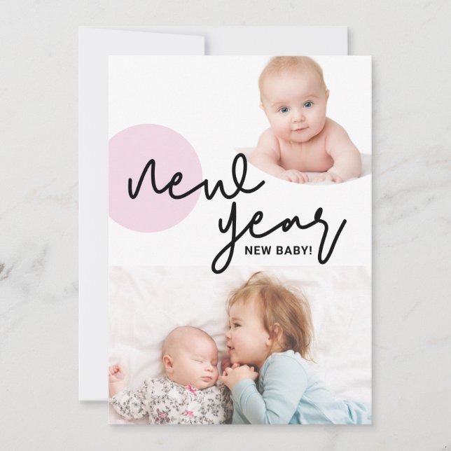 Happy New Year New Baby Girl Pink 2nd child Announcement (Front)