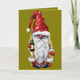 Happy New Year Nisse Gnome Gonk Holding A Bottle Holiday Card