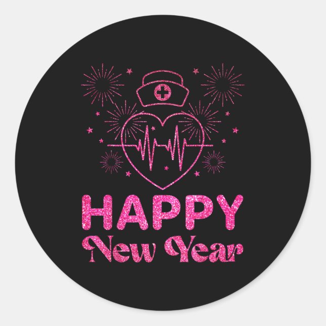 Happy New Year Nurse Crew Heartbeat New Years Eve  Classic Round Sticker (Front)