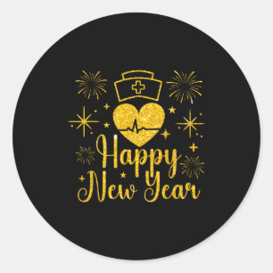 Happy New Year Nurses Heartbeat Fireworks New Year Classic Round Sticker