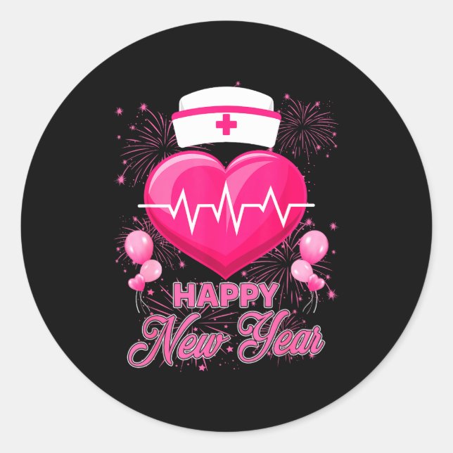 Happy New Year Nurses Heartbeat New Years Eve Part Classic Round Sticker (Front)