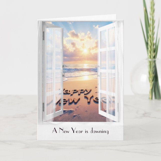 Happy New Year Ocean View In Window Card (Front)