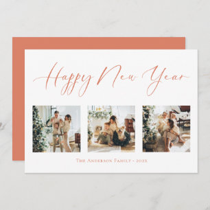 Happy New Year Orange Multi Photo Collage Holiday Card