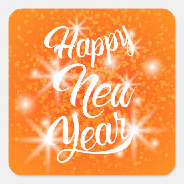 Happy New Year Orange Watercolor Splatter Square Sticker (Front)