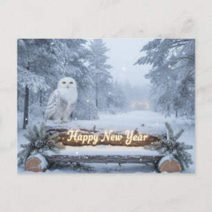 Happy New Year Owl and Winter Forest  Holiday Postcard