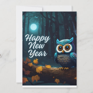 Happy New Year Owls Perched on Branch Cartoon Holiday Card
