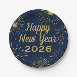 Happy New Year Party 2025 Fireworks Navy Blue Gold Paper Plate