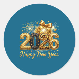 Happy New Year Party 2026 Disco Ball Bow Matching Classic Round Sticker