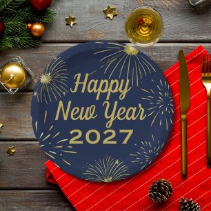 Happy New Year Party 2027 Fireworks Navy Blue Gold Paper Plate
