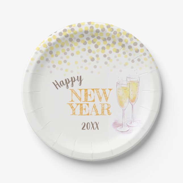 Happy New Year party champagne paper plate (Front)